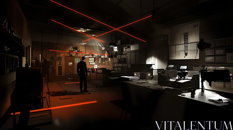 Dark Laboratory with Red Laser Beams and Shadows AI Image