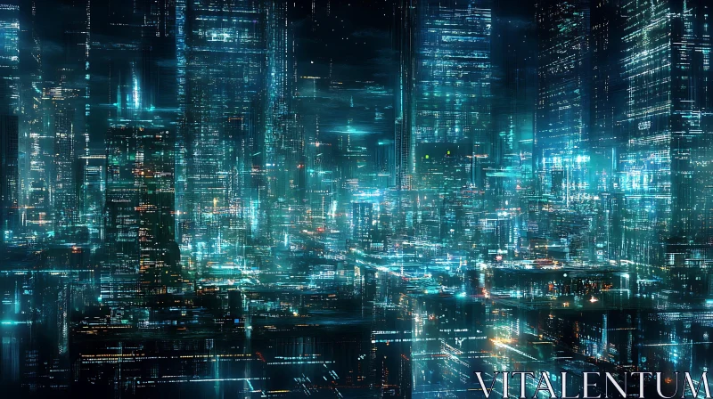 High-Tech Neon Lit Urban Skyline at Night AI Image