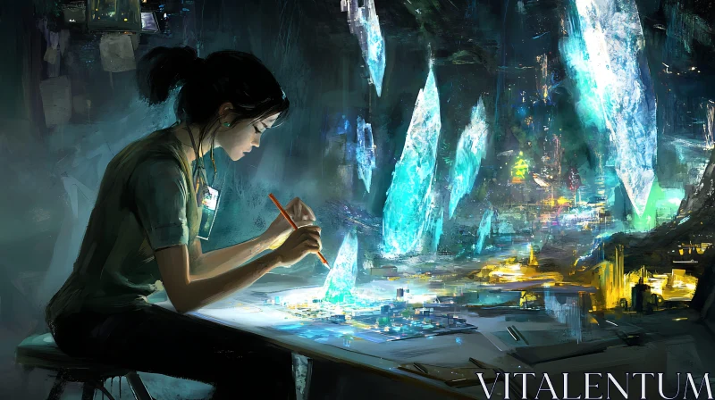 Artist's Fantasy Workspace with Floating Crystals AI Image