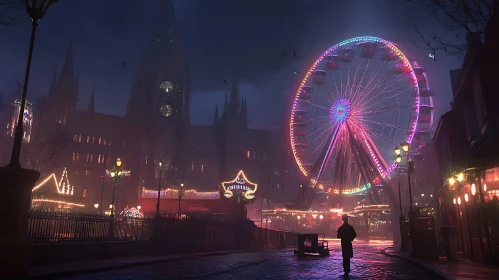 Enigmatic Night Scene of Ferris Wheel and Gothic Buildings