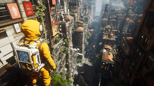 Astronaut in Yellow Spacesuit Observing Futuristic City