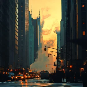 Sunset Over Busy City Street