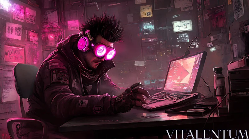 Futuristic Hacker with Neon Gear in a Tech Room