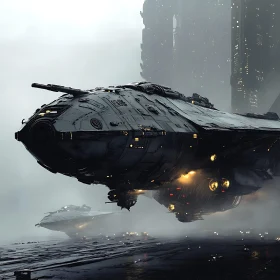 Sci-Fi Spaceship in Dystopian Landscape