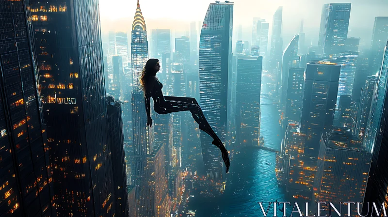 Aerial View of Futuristic City at Night with Surreal Elements