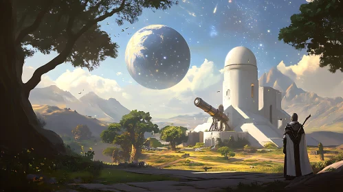 Astronomical Scene with Observatory and Planet