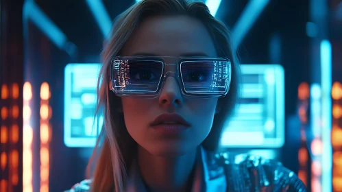 Cyberpunk Woman with Advanced Glasses in Neon Setting