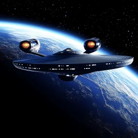 Spaceship in Orbit Over Earth