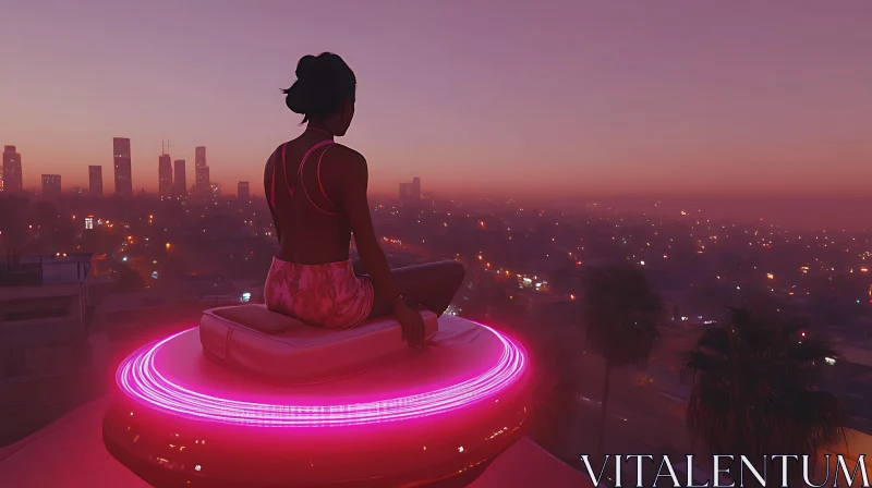 Neon Meditation Overlooking City at Sunset