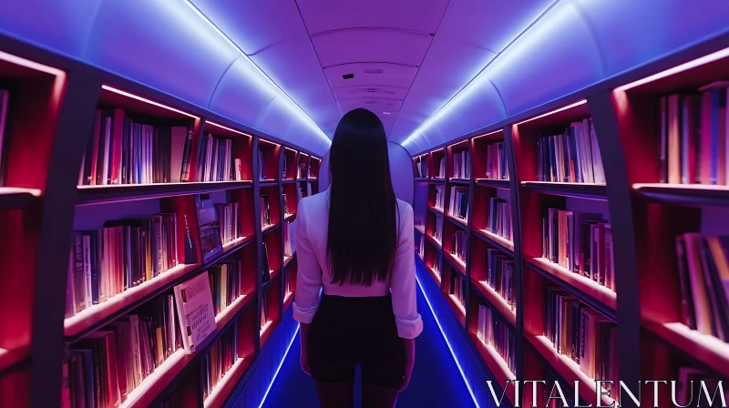 Modern Neon-Lit Library Aisle