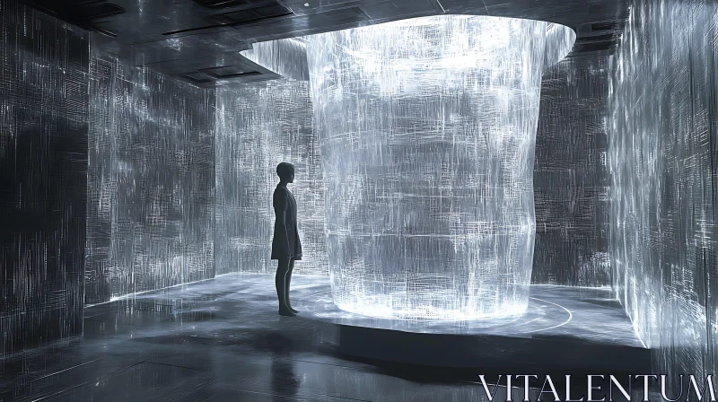 Person Facing Glowing Cylindrical Structure