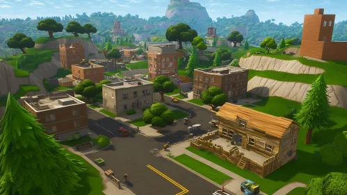 Colorful Game Landscape with Buildings and Trees