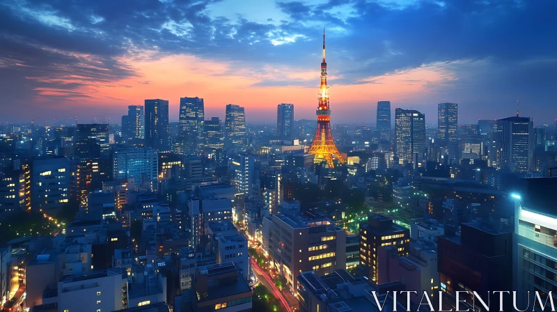 Cityscape at Sunset with Glowing Tower