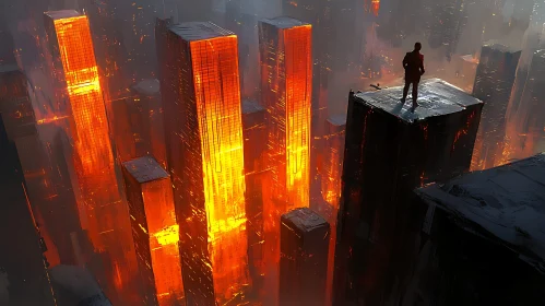 Lone Figure Overlooking Burning City