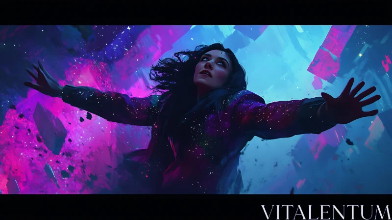 Woman Floating in Abstract Cosmic Universe