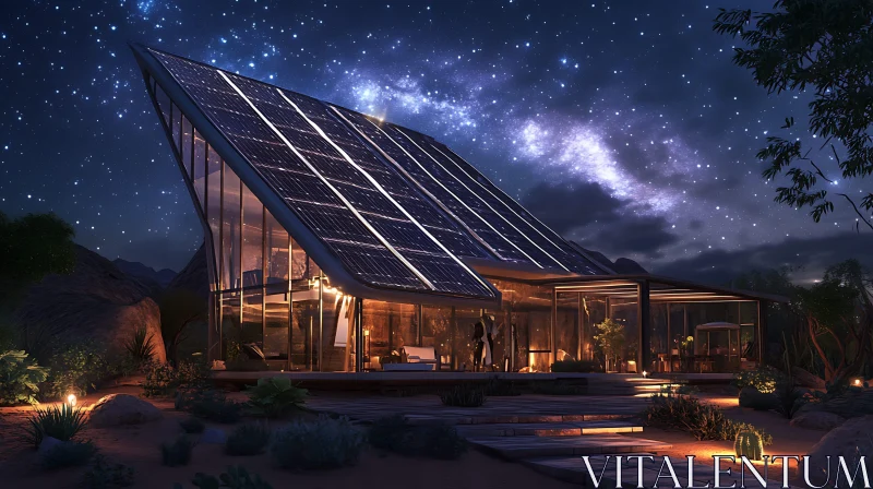 Contemporary Home with Solar Panels and Starry Backdrop