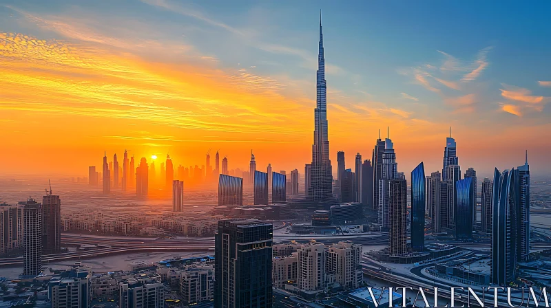 Urban Sunset View with Skyscrapers and Skyline