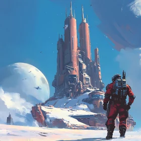 Space Explorer at Futuristic Snowy Outpost with Planetary View