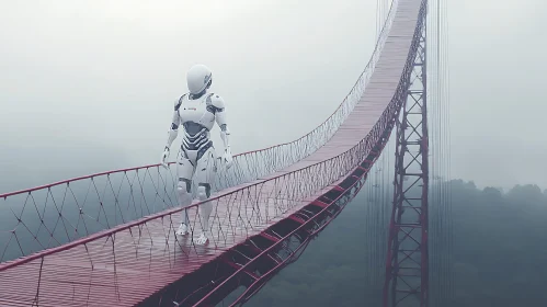 Futuristic Robot on Red Suspension Bridge in Mist