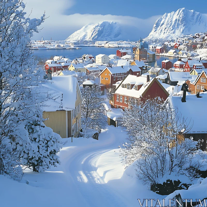 Winter Wonderland in a Snowy Village AI Image