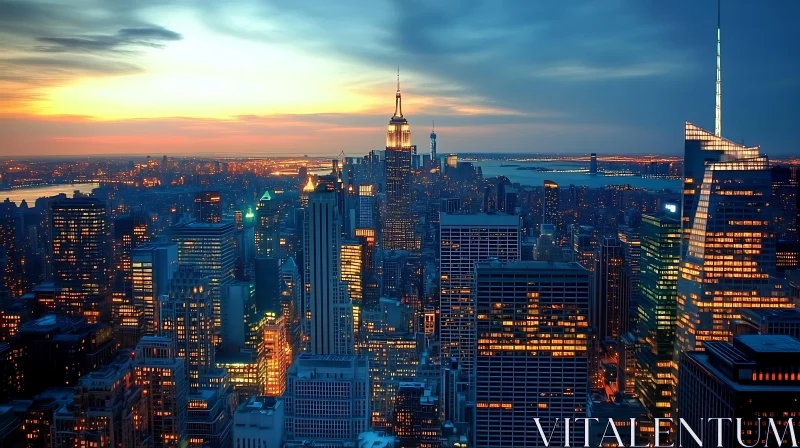 Urban Sunset Skyline with Glowing Skyscrapers AI Image