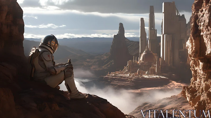 Solitary Astronaut with Alien Architecture in Desert