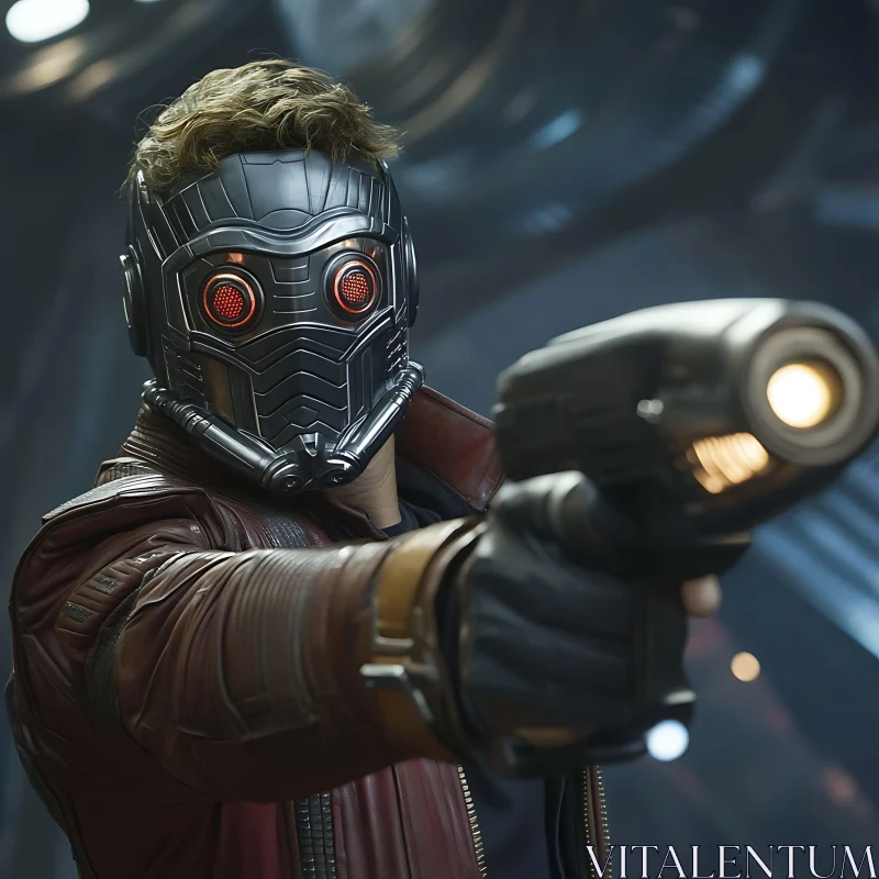 Sci-Fi Character in Cyber Helmet Aiming Gun
