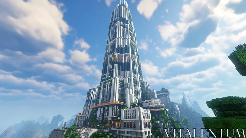 Towering Blocky Building Set Against Blue Sky AI Image