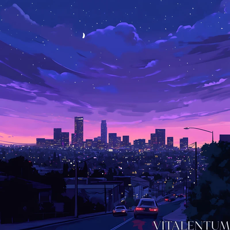 Twilight Urban Skyline with Stars and Cars AI Image