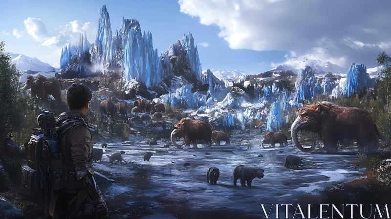 Prehistoric Adventure in an Ice Age Valley AI Image