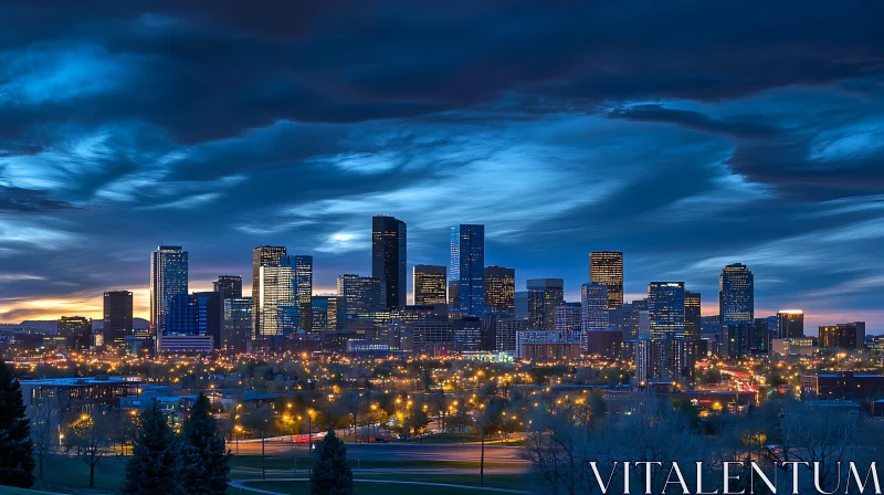 Evening Urban Skyline with Lights and Dramatic Clouds AI Image