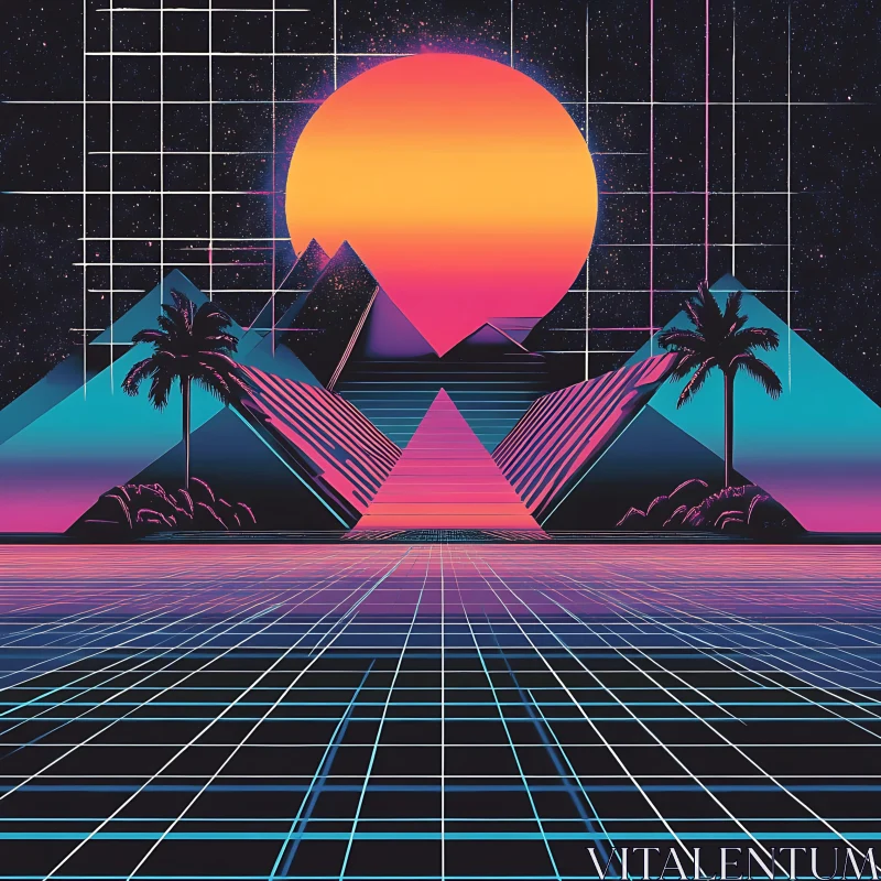 Neon Sunset with Pyramids and Grid in Synthwave Style AI Image