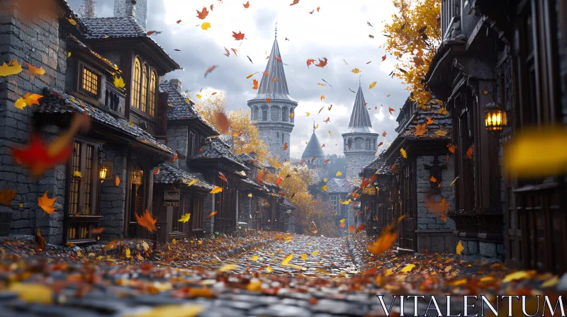 Nostalgic Old Town Alley with Autumn Leaves AI Image