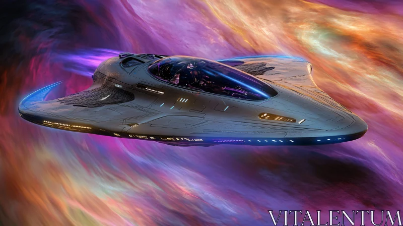 Sleek Spaceship Traveling in a Colorful Galaxy AI Image