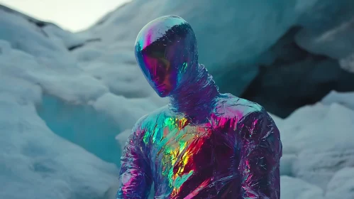 Iridescent Cyborg in Glacial Landscape