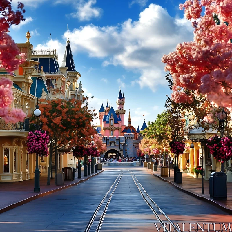 Charming Pathway to Fairy Tale Castle at Theme Park AI Image