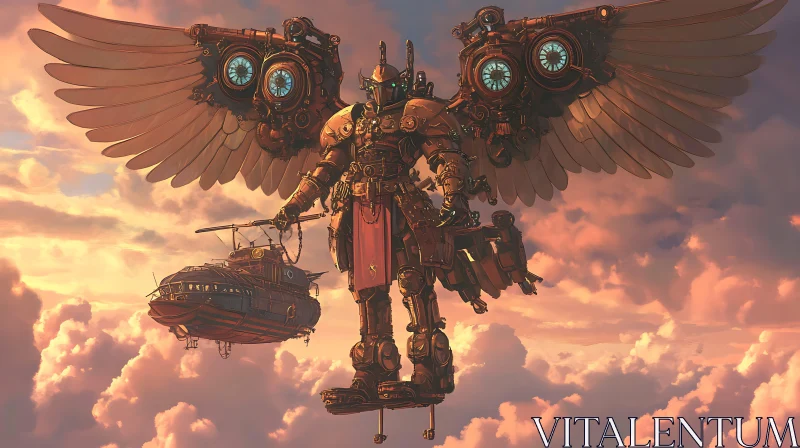 AI ART Steampunk Airship Pilot with Mechanical Wings at Sunset