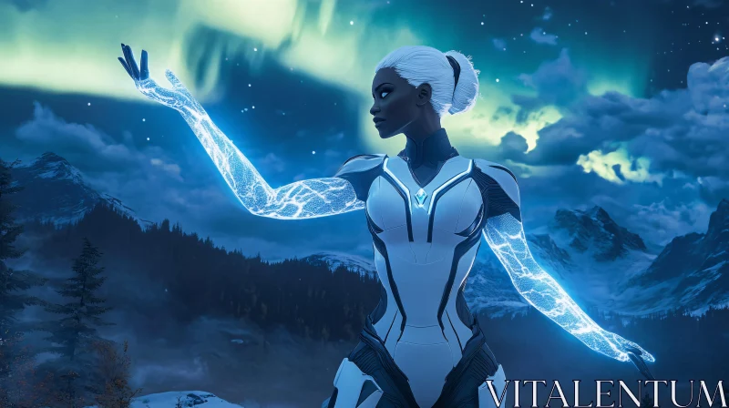 Cyborg Woman Under Northern Lights AI Image