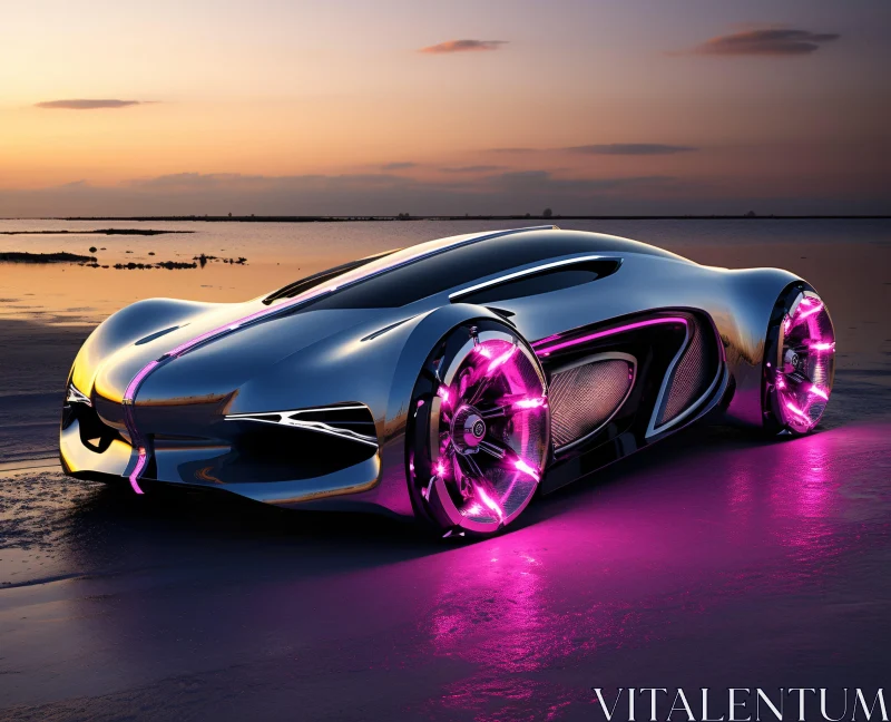 Innovative Concept Vehicle Reflecting Sunset Glow AI Image