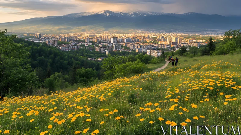 Serene Hiking Path Amidst Nature and Urban Backdrop AI Image