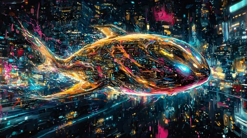 Cybernetic Whale Swimming in Neon-Infused City