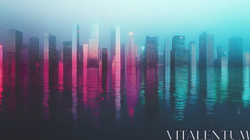 Neon Lit Skyscrapers Reflecting in Water in a Futuristic City AI Image