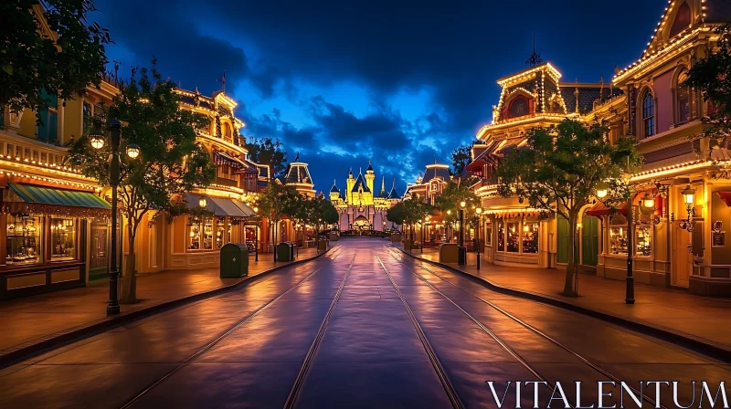 AI ART Illuminated Street with Castle at Dusk