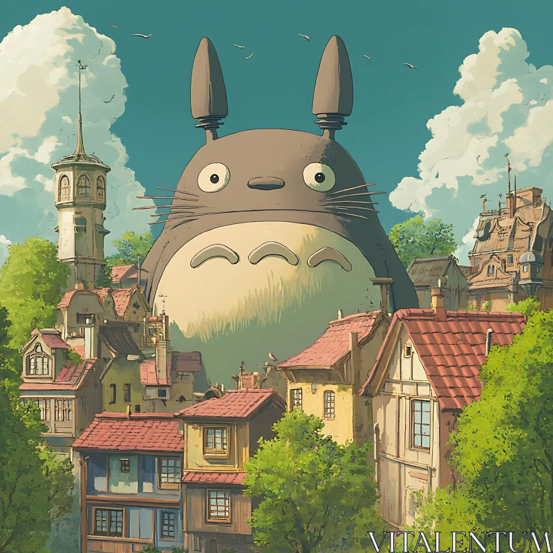 Fantasy Anime Village with Giant Creature AI Image