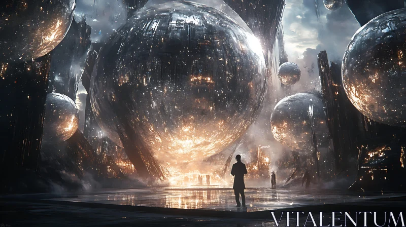 Sci-Fi Urban Landscape with Enormous Glowing Orbs AI Image