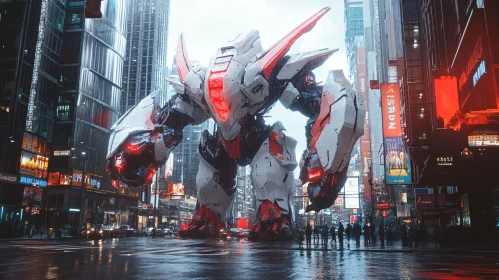 Colossal Mech Amidst Neon Urban Landscape