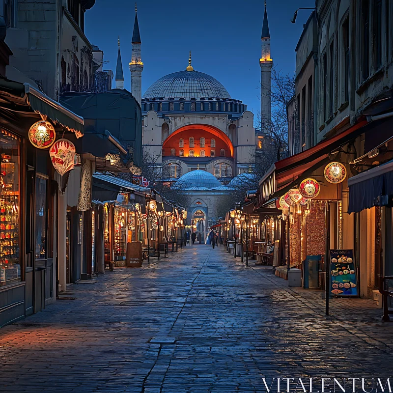 AI ART Charming City Market Pathway at Dusk