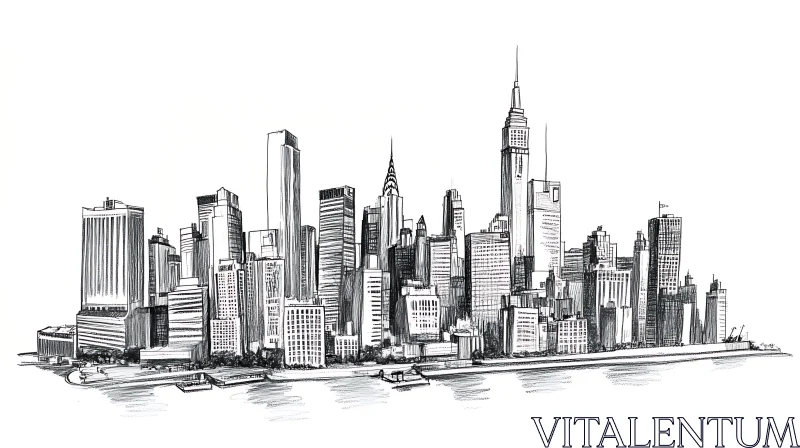 Urban Skyline Sketch in Black and White AI Image