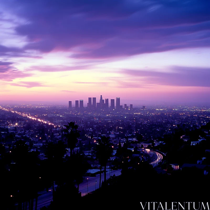 Sunset Skyscrapers and City Lights AI Image