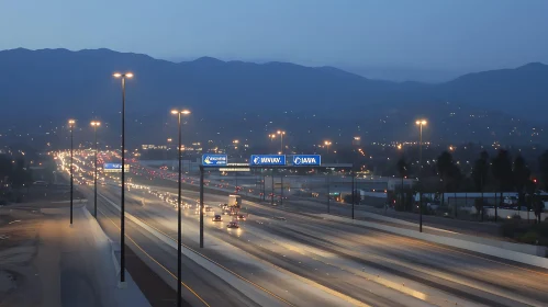 Urban Nightscape: Highway Traffic and Mountain Background